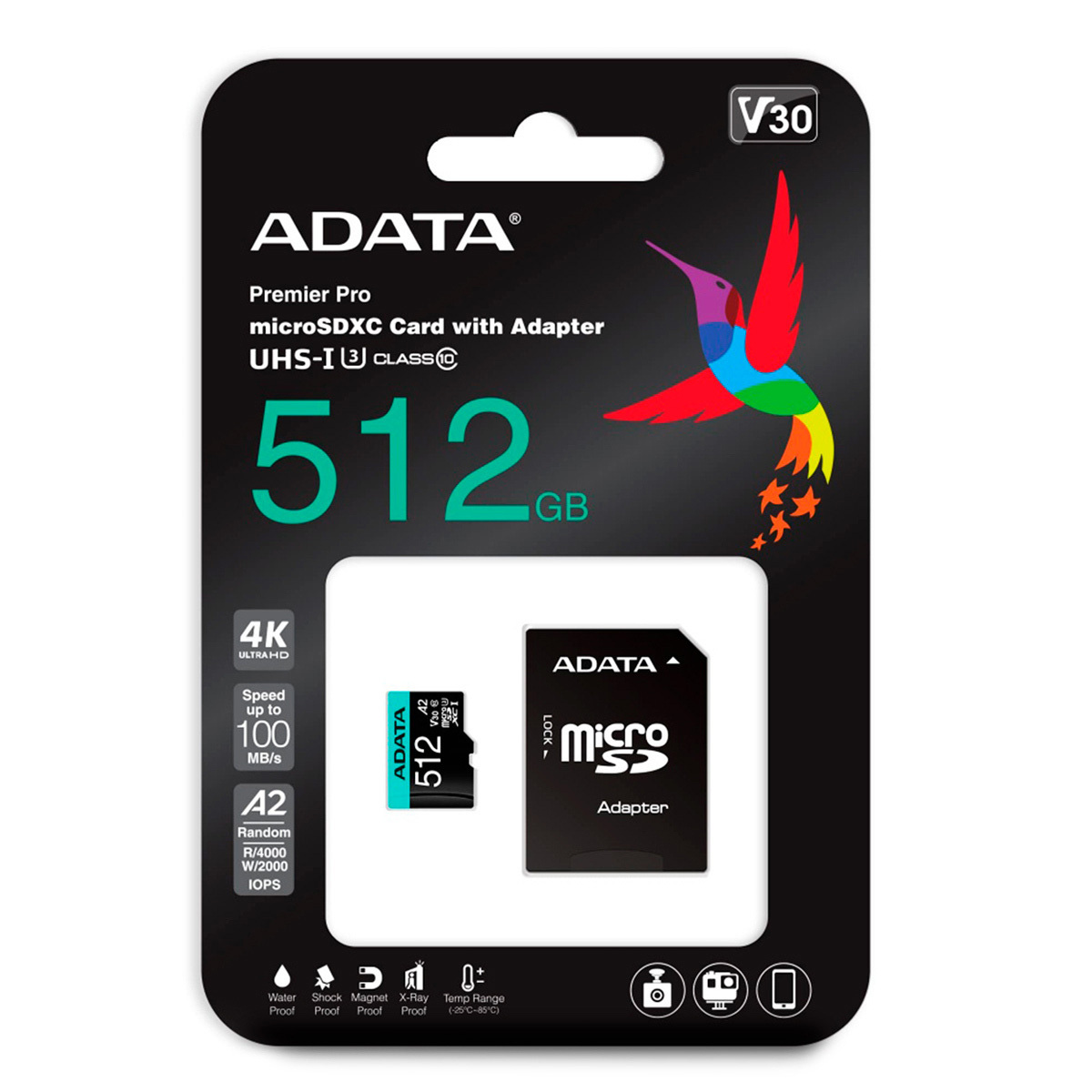 A-DATA MICROSDXC CON ADAPTADOR 512GB / LECTURA 100MB- ESCRITURA 80MB / V30 / CLASE 10 / USH CLASE 3 / A2