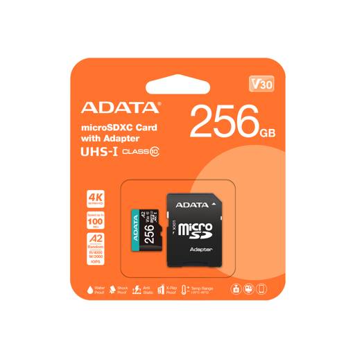 A-DATA MICROSDXC CON ADAPTADOR 256GB / LECTURA 100MB- ESCRITURA 80MB / V30 / CLASE 10 / USH CLASE 3 / A2  /4K