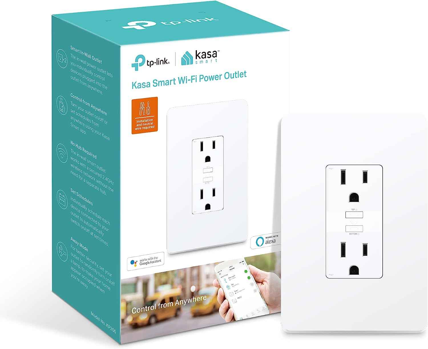 TP-LINK KP200 / ENCHUFE INTELIGENTE DE PARED / WI-FI / KASA SMART / COMPATIBLE CON ALEXA & GOOGLE ASSISTANT