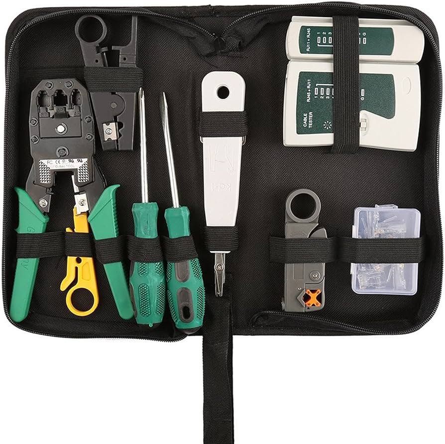 KINGMOX KIT DE RED AR0812 / INCLUYE TESTER, CONECTORES RJ45, CRIMPING TOOL, PUNCHING, DESTORNILLADOR, MALETIN