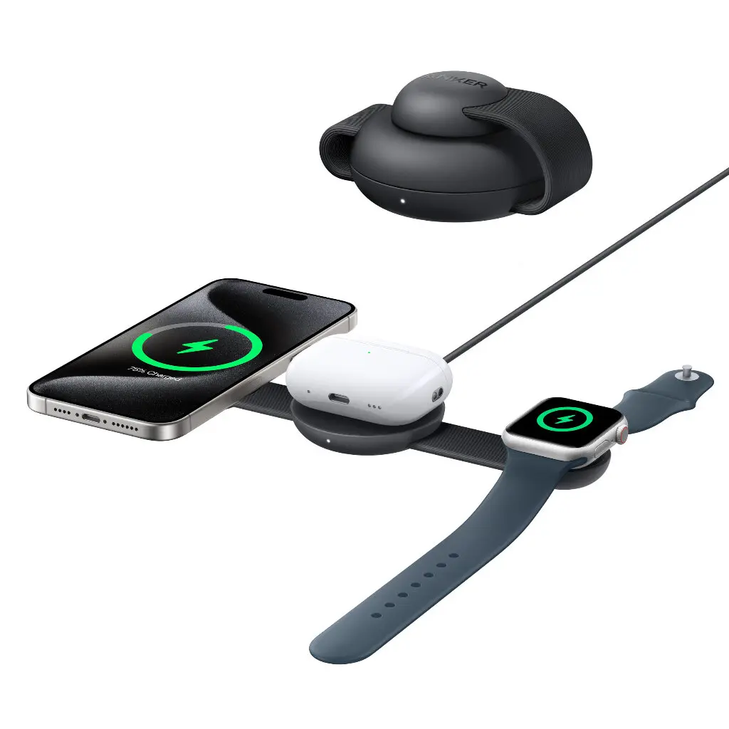ANKER MAGGO ESTACION DE CARGA INALAMBRICA (3 EN 1) / 15W CARGA RAPÍDA / DISEÑO COMPACTO PLEGABLE / CARGA TELEFONO, AUDIFONOS Y RELOJ APPLE / NEGRO