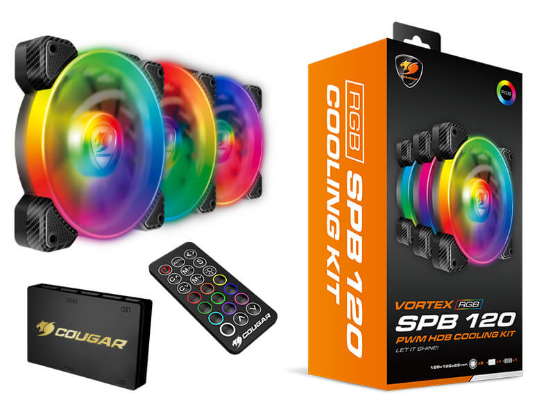 COUGAR VORTEX RGB SPB 120 - PWM HDB COOLING KIT / X3  ABANICOS CON 24 LEDS RGB 120X120X25MM / INCLUYE WIRELESS CONTROLLER Y CORE BOX V2