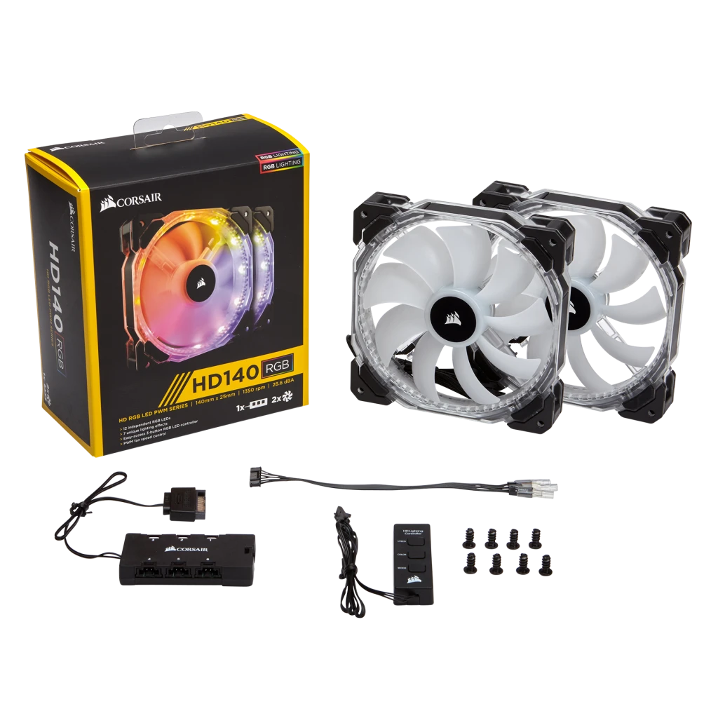 CORSAIR HD140 RGB LED PWM  / COMBO DE 2X ABANICO 140MM RGB + 1 CONTROLADOR / FLUJO DE PRESION ESTATICA