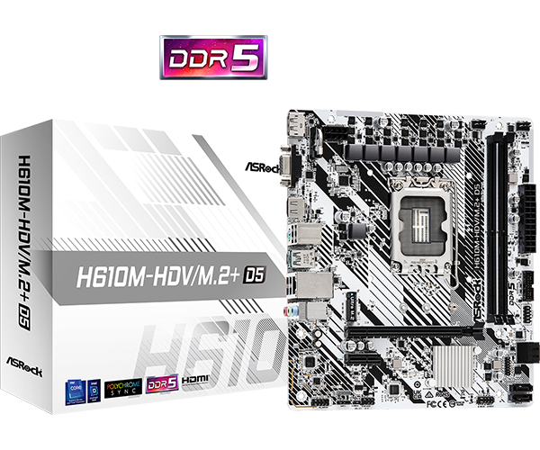 ASROCK H610M-HDV/M.2+ D5 / TARJETA MADRE M-ATX LGA 1700 / X2 DDR5 RAM SLOT / PCIE GEN4 / X1 M.2 / 1GB LAN / X1 HDMI 2.1, X1 DP 1.4, X1 VGA / BLANCA - ASROCK