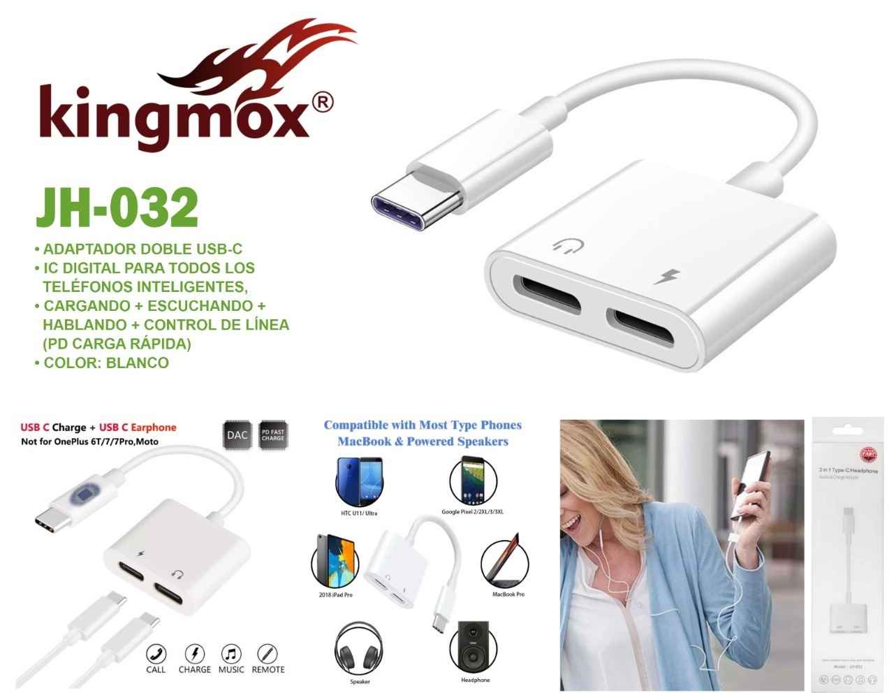 KINGMOX JH-032 - ADAPTADOR DOBLE USB-C (TIPO C) / COLOR BLANCO