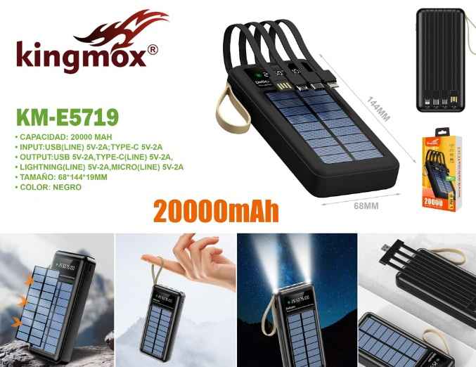 KINGMOX KM-E5719 - CARGADOR SOLAR 20,000MAH / POWERBANK 4 IN 1 / TIPO-C / USB-MICRO / USB-A / LIGHTNING