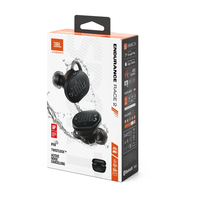 JBL ENDURANCE RACE 2 / AUDIFONOS DEPORTIVOS TRUE WIRELESS IMPERMEABLES / 4 MICROFONOS / JBL PURE BASS / 48 HORAS DE USO / CARGA RAPIDA / NEGRO