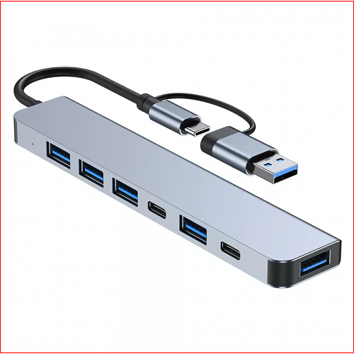 KINGMOX BYL-2217TU -  HUB DE USB 7 EN 1 / 5X USB 3.0 / 2X TIPO C (USB-C) PARA USB 3.0-TIPOC / COLOR GRIS