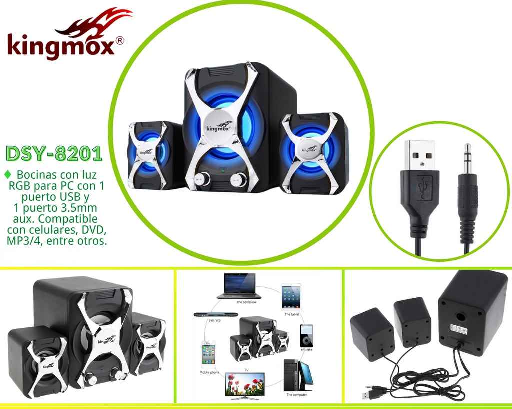 KINGMOX DSY-8201 - BOCINAS CON RGB / USB 2.0 / 3.5MM 2X SPEAKERS + 1 SUBWOFFER / COMPAITBLE CON MOVIL, PC, ETC