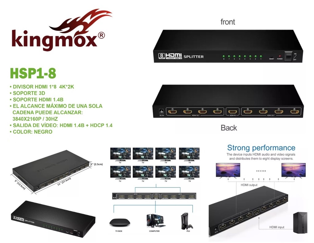 KINGMOX HSP1-8 - SPLITTER 1-8 PUERTO 4K / SOPORTA 3D / HDMI 1.4 / COLOR NEGRO