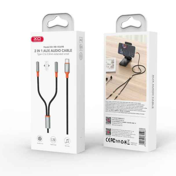 XO NB-R269B  - CABLE 2 EN 1 - TIPO-C A 3.5MM AUXILIAR / 1.2M / MALLADO NEGRO