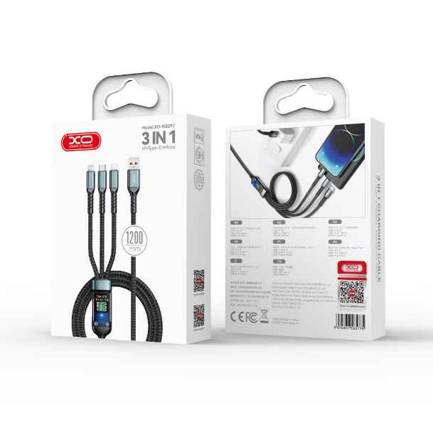 XO NB297 - CABLE 3 EN 1 CARGADOR USB 3.0 A LIGHTNING - TIPO-C - MICRO /  1.2M / CABLE ROBUSTA MALLADO