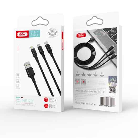 XO NB173 - CABLE 3 EN 1 CARGADOR 2.4A USB 2.0 A LIGHTNING - TIPO-C - MICRO / 1.2M / CABLE MALLADO