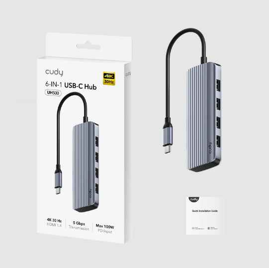CUDY UH500 / ADAPTADOR 6 EN 1 TIPO-C / 4X USB 2.0, 1X TIPO-C, 1X HDMI 1.4