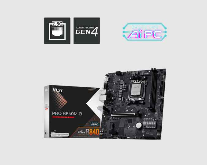 MSI PRO B840M-B / TARJETA MADRE M-ATX AM5 / X2 DDR5 RAM SLOT HASTA 8000 MT/S (OC) / PCIE GEN4 / X2 M.2 SLOT / 2.5G LAN / X1 HDMI, X1 VGA