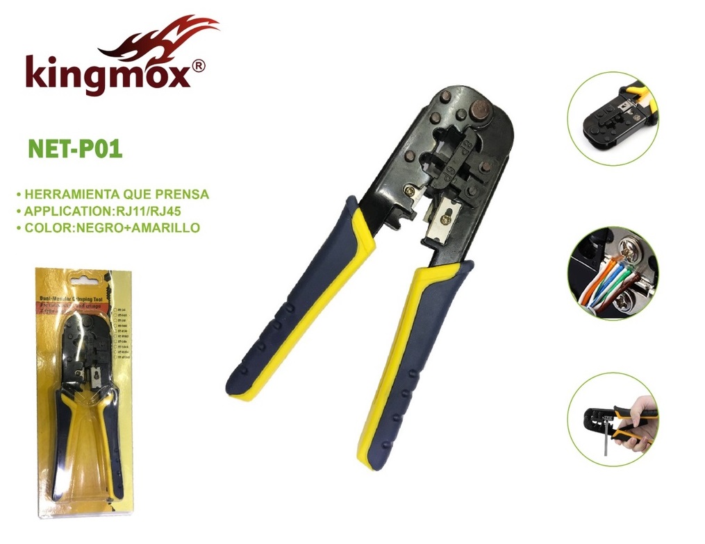 KINGMOX NET-P01 - CRIMPING TOOL / DOBLE SELLADORAS 8P / 6P / CORTADOR ADICIONAL / NEGRO