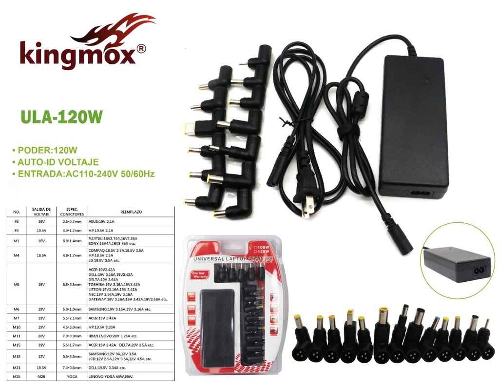 KINGMOX ULA-120W - CARGADOR UNIVERSAL PARA LAPTOP / AC 110-240V / OUT DC 12-24V / NEGRO